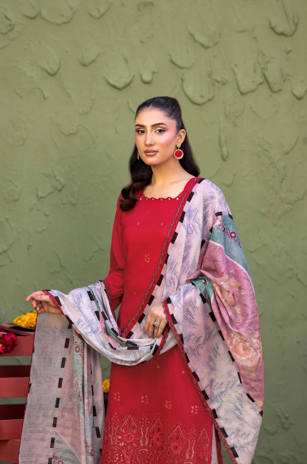 Elaya By Rekhakari 3pc Unstitched Embroidered Lawn - Deep Crimson Red