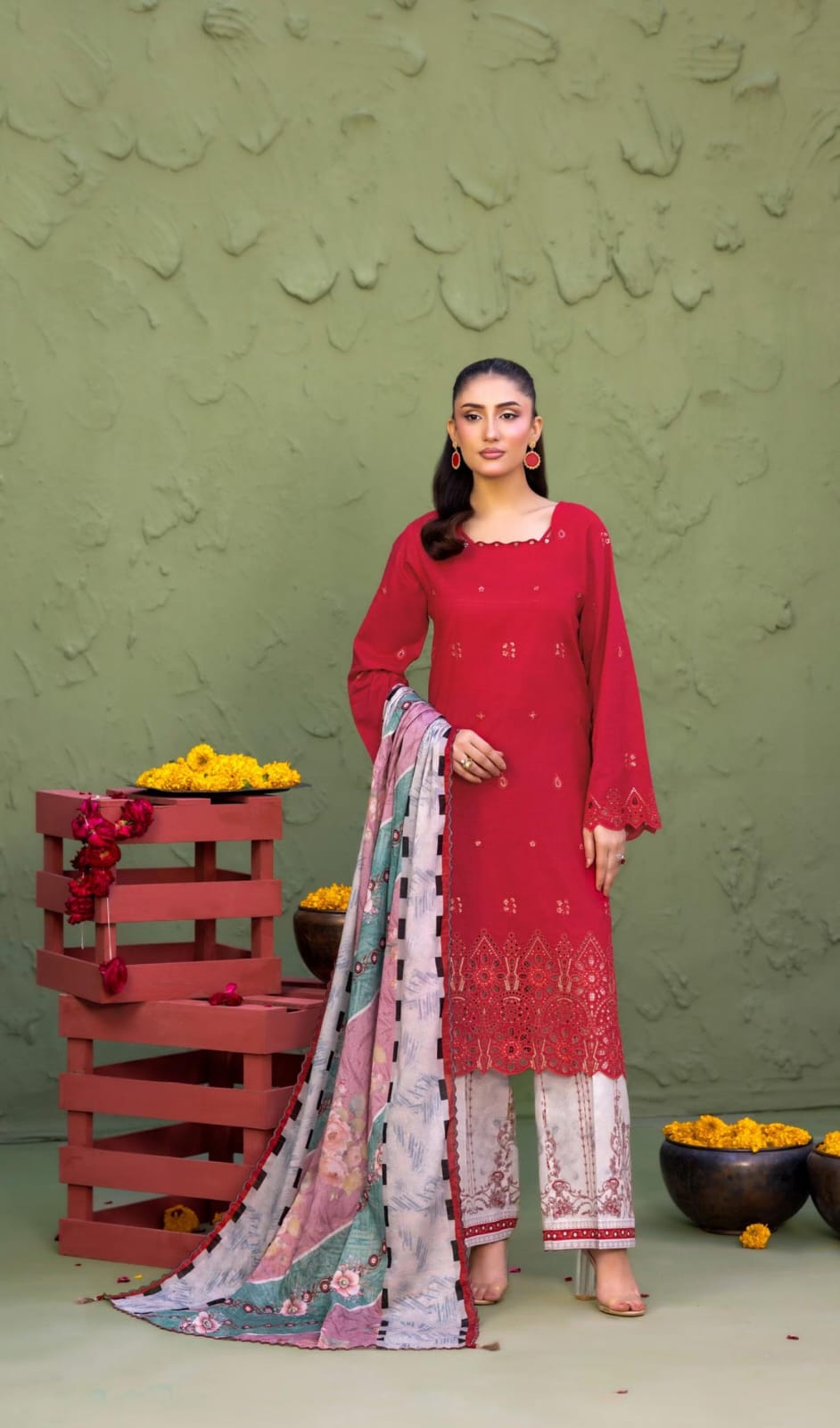 Elaya By Rekhakari 3pc Unstitched Embroidered Lawn - Deep Crimson Red