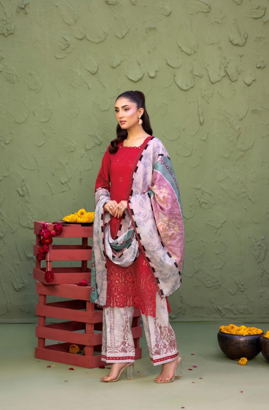 Elaya By Rekhakari 3pc Unstitched Embroidered Lawn - Deep Crimson Red