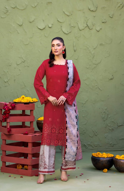 Elaya By Rekhakari 3pc Unstitched Embroidered Lawn - Deep Crimson Red