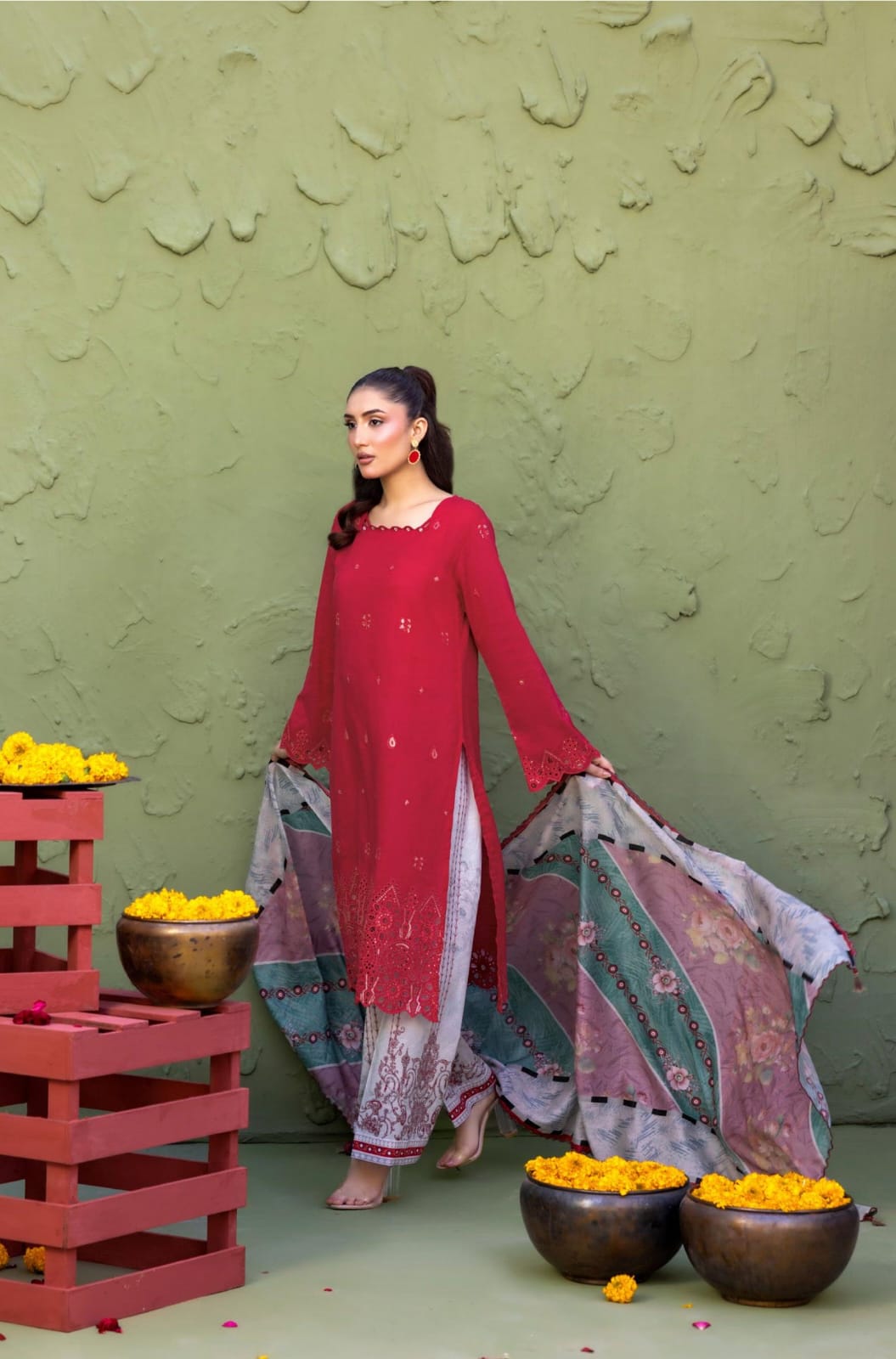 Elaya By Rekhakari 3pc Unstitched Embroidered Lawn - Deep Crimson Red