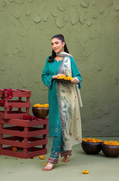 Elaya By Rekhakari 3pc Unstitched Embroidered Lawn - Emerald Green