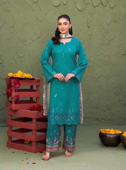 Elaya By Rekhakari 3pc Unstitched Embroidered Lawn - Emerald Green