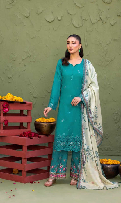 Elaya By Rekhakari 3pc Unstitched Embroidered Lawn - Emerald Green