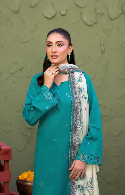 Elaya By Rekhakari 3pc Unstitched Embroidered Lawn - Emerald Green