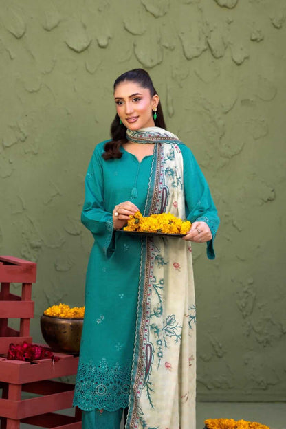 Elaya By Rekhakari 3pc Unstitched Embroidered Lawn - Emerald Green