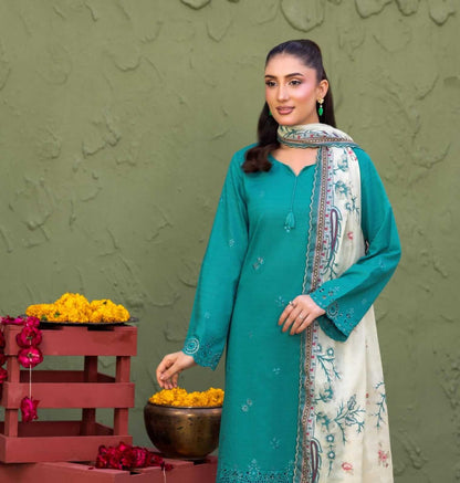 Elaya By Rekhakari 3pc Unstitched Embroidered Lawn - Emerald Green