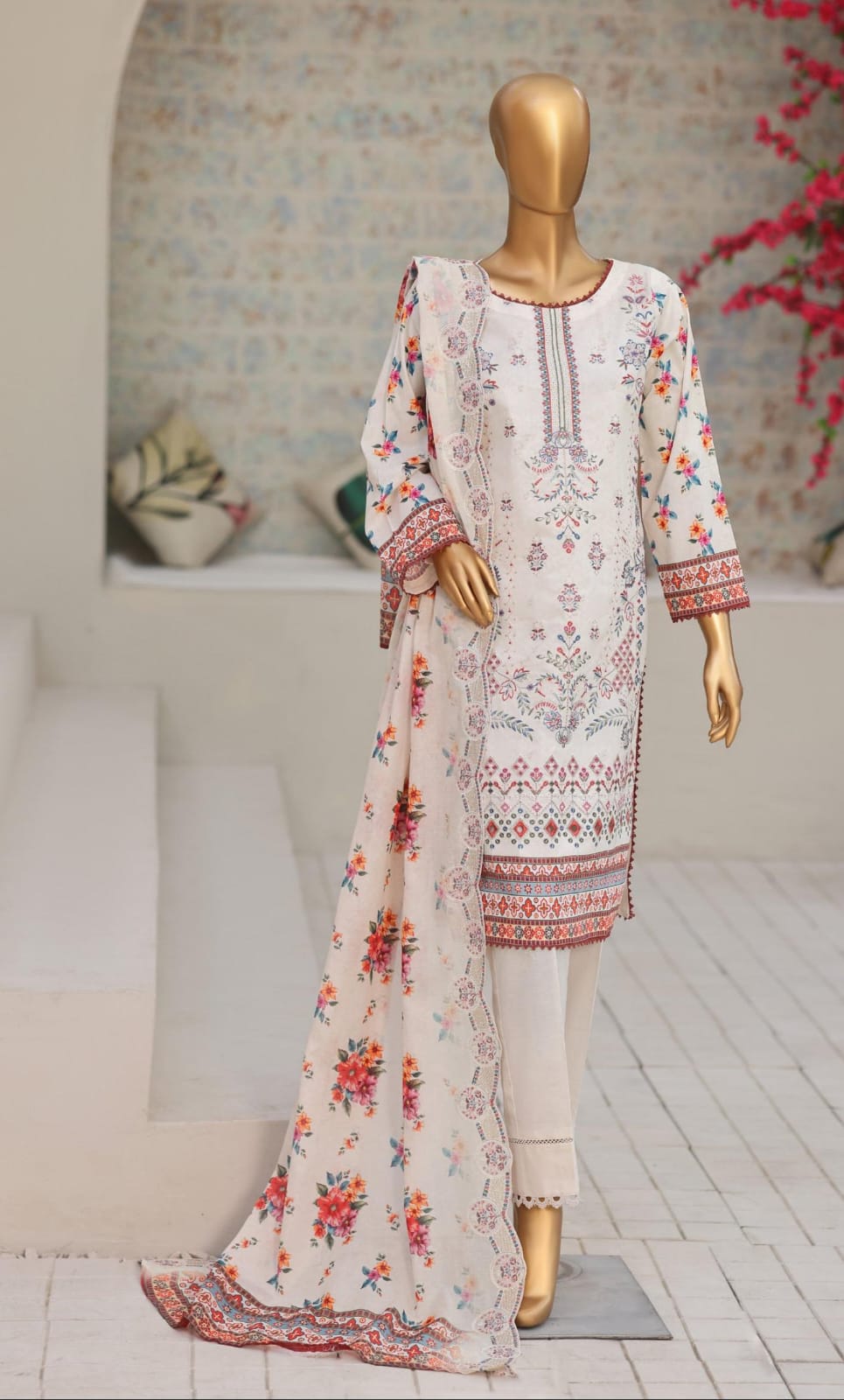 Shanaya By MTF Digital Printed Heavy Embroidered Lawn - Ash White