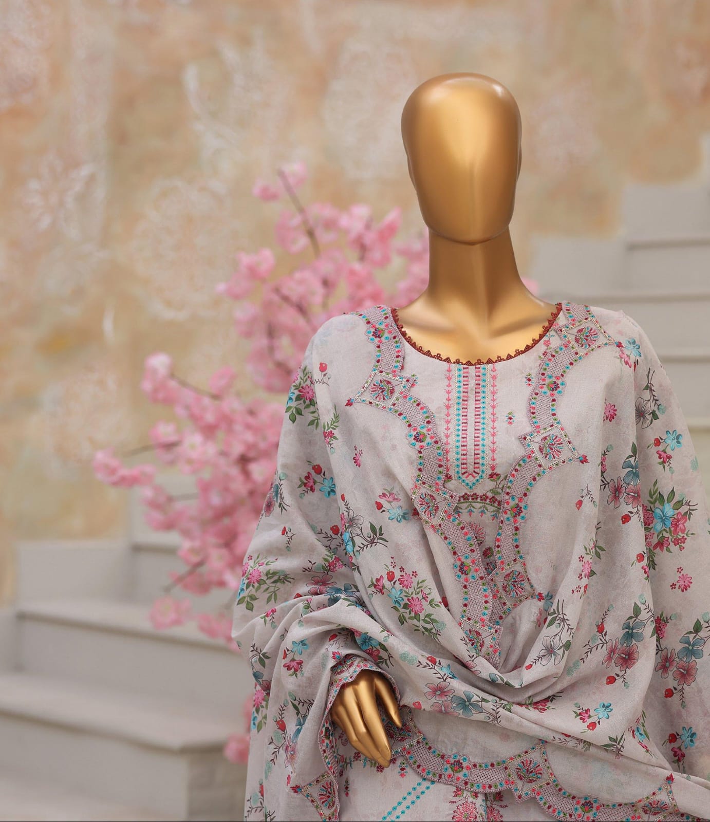 Shanaya By MTF Digital Printed Heavy Embroidered Lawn - Light Grey