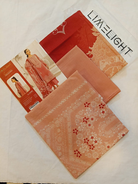 Soft texture and delicate print details of the Tea Pink LimeLight Lawn 3pc Suit.