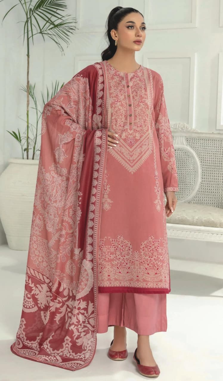 Tea Pink LimeLight Lawn 3pc Suit unstitched ensemble worn by model for a daily wear look.