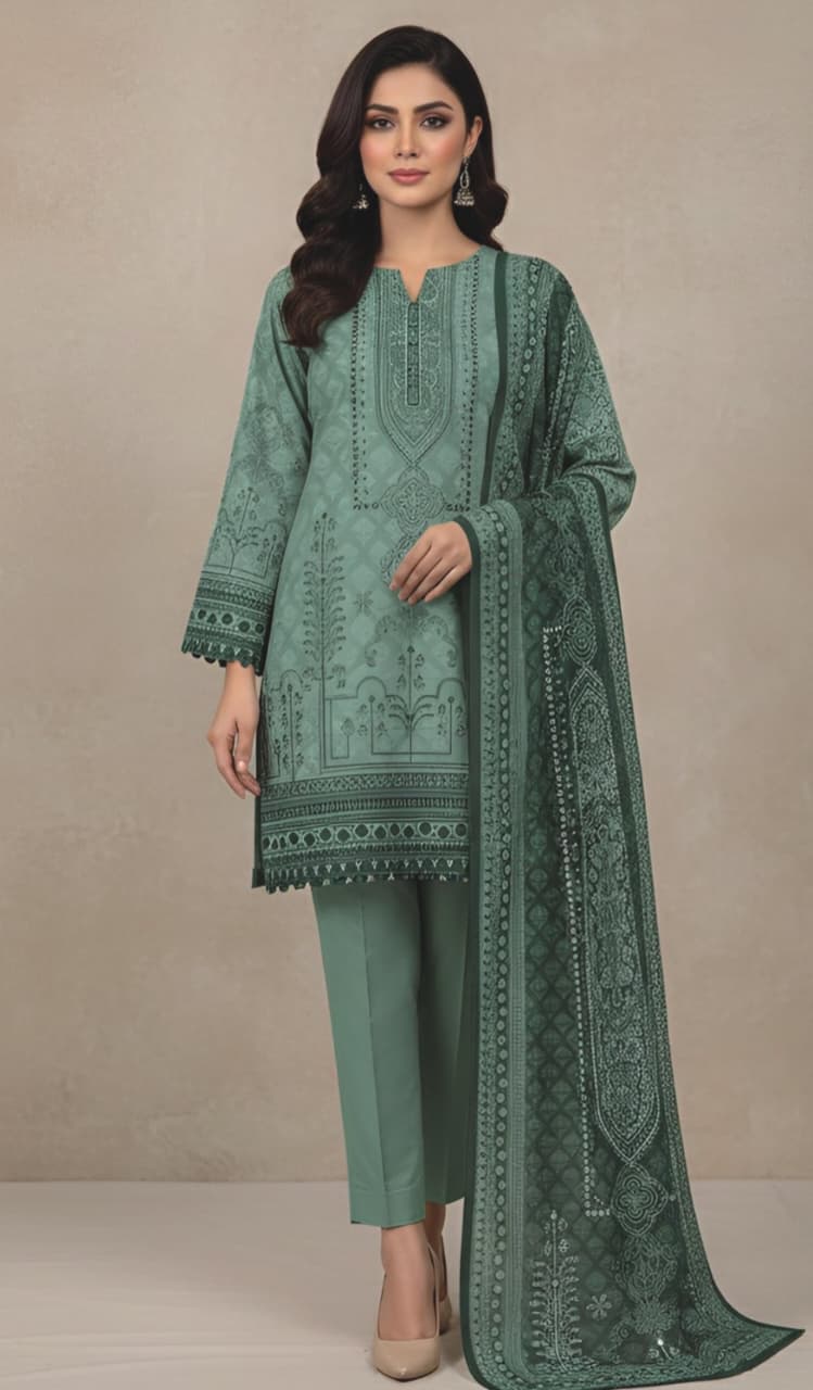 Pistachio Cream LimeLight Lawn 3pc Suit unstitched set worn by model in a summer shoot.