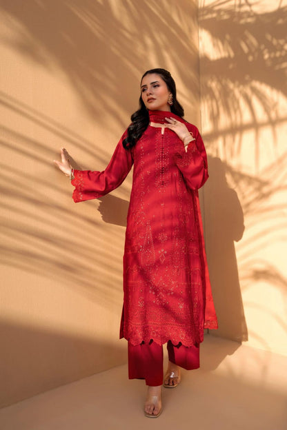 Red Iconic Rujhan Luxury Cotton 3pc suit worn by model showcasing a classic luxury festive ensemble.