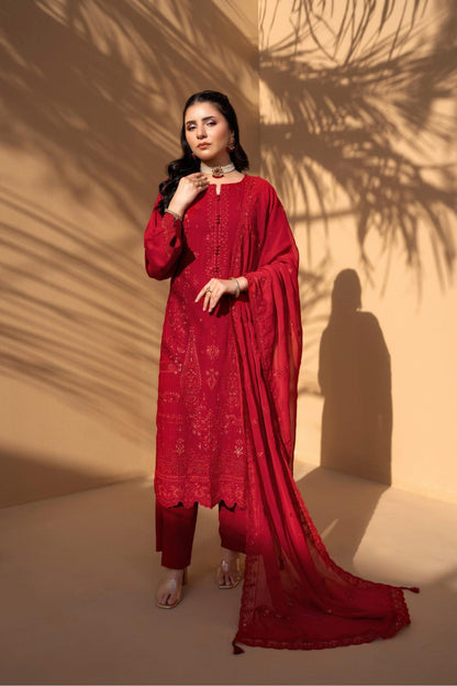 Red Iconic Rujhan Luxury Cotton 3pc suit worn by model showcasing a classic luxury festive ensemble.