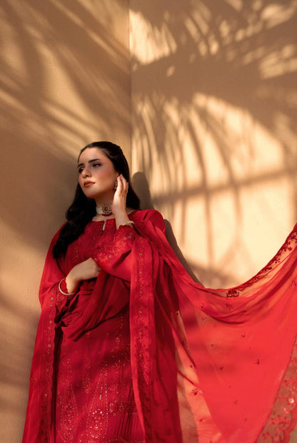 Red Iconic Rujhan Luxury Cotton 3pc suit worn by model showcasing a classic luxury festive ensemble.