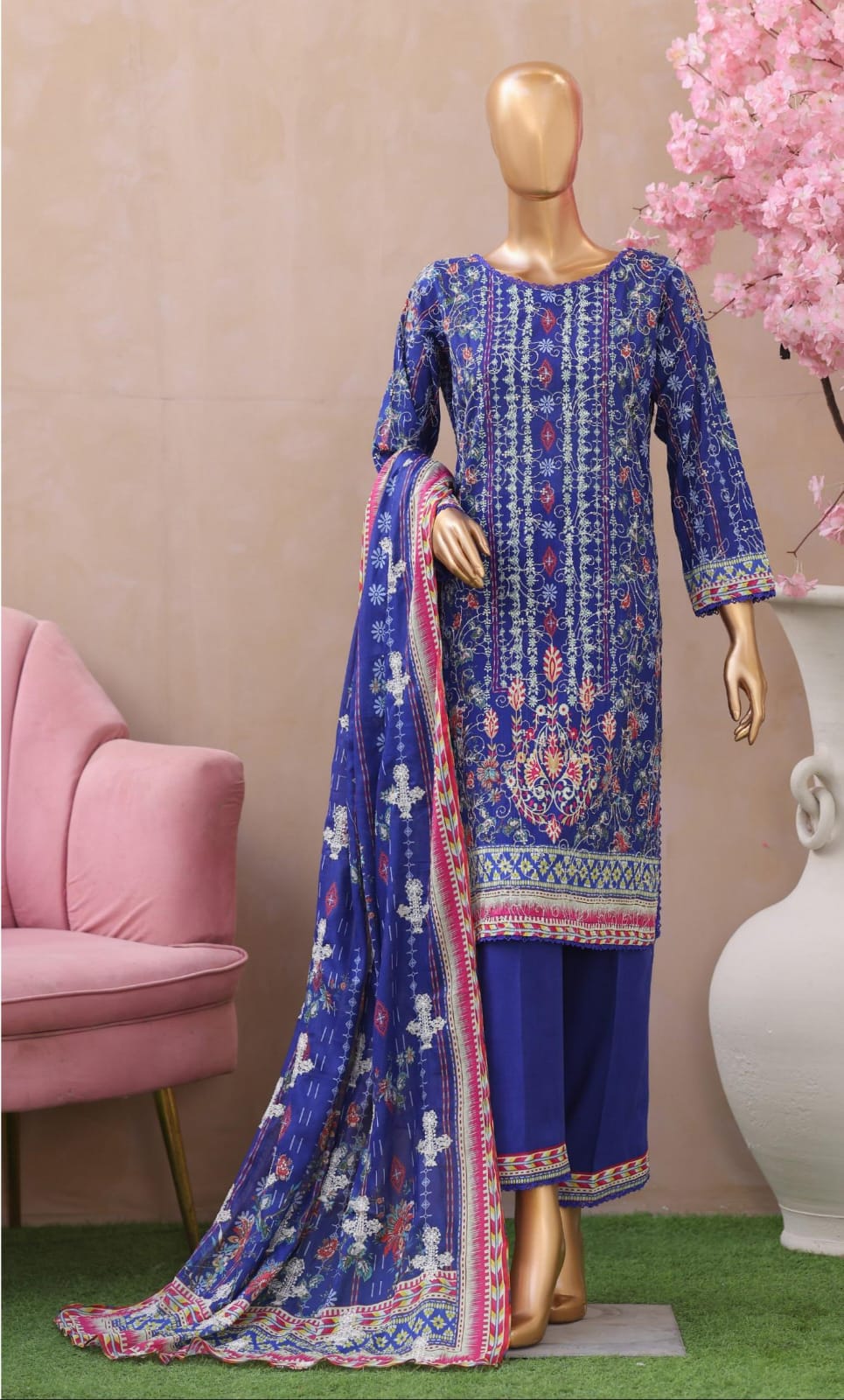 Khass By MTF Digital Printed Jhaal Embroidered Dhagakari Doria Lawn - Blue