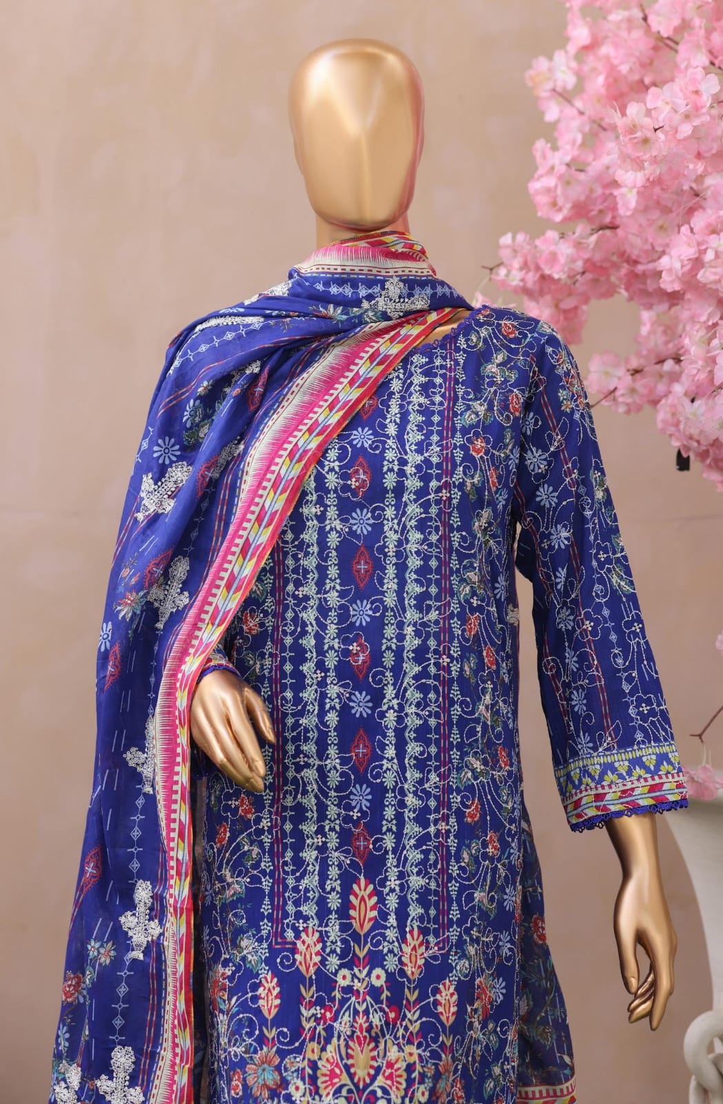 Khass By MTF Digital Printed Jhaal Embroidered Dhagakari Doria Lawn - Blue