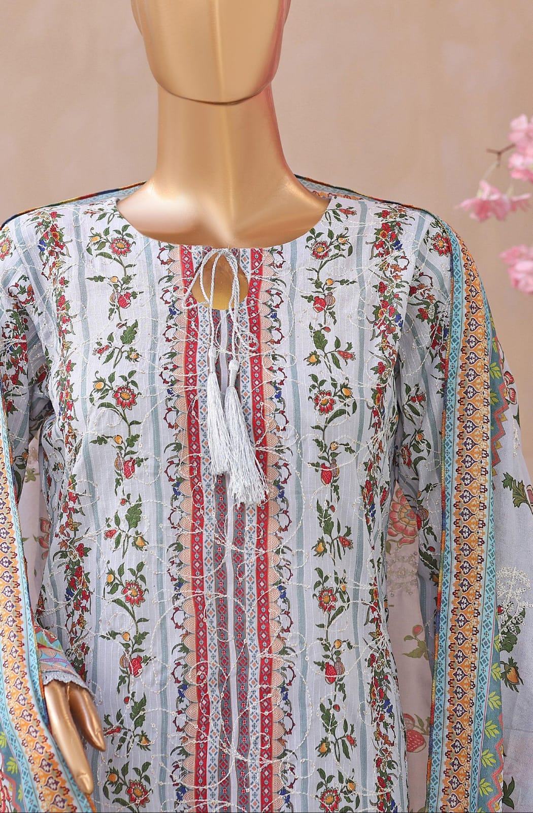 Khass By MTF Digital Printed Jhaal Embroidered Dhagakari Doria Lawn - Light Greyish