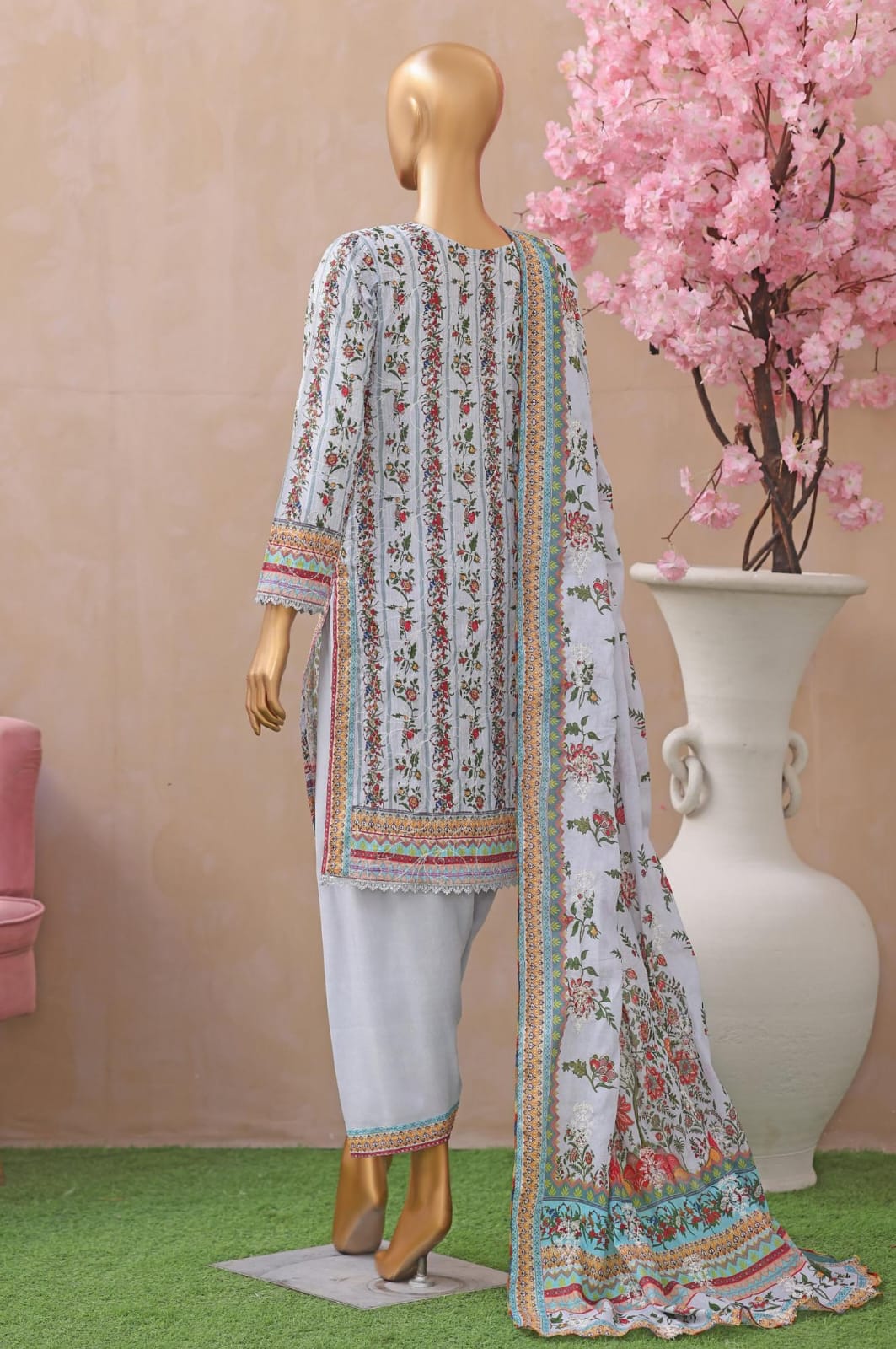 Khass By MTF Digital Printed Jhaal Embroidered Dhagakari Doria Lawn - Light Greyish