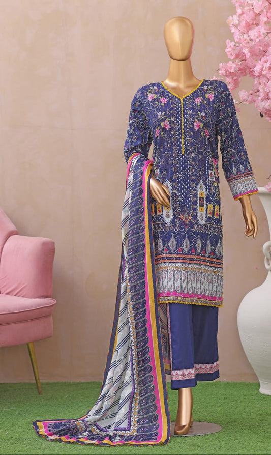 Khass By MTF Digital Printed Jhaal Embroidered Dhagakari Doria Lawn - Navy Blue