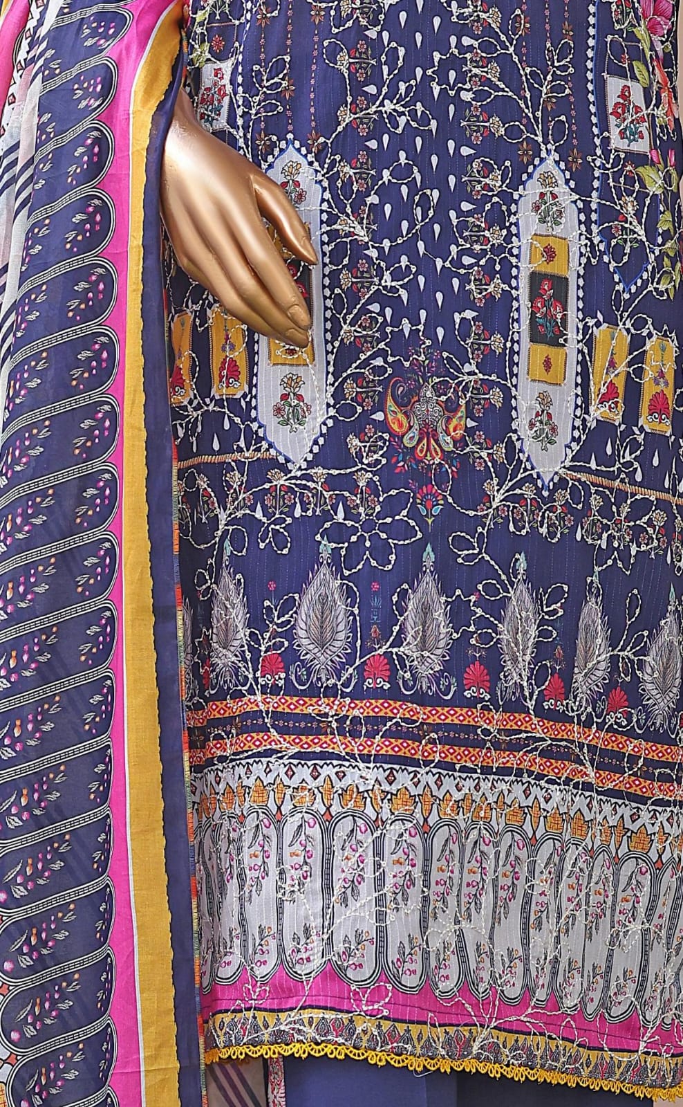 Khass By MTF Digital Printed Jhaal Embroidered Dhagakari Doria Lawn - Navy Blue