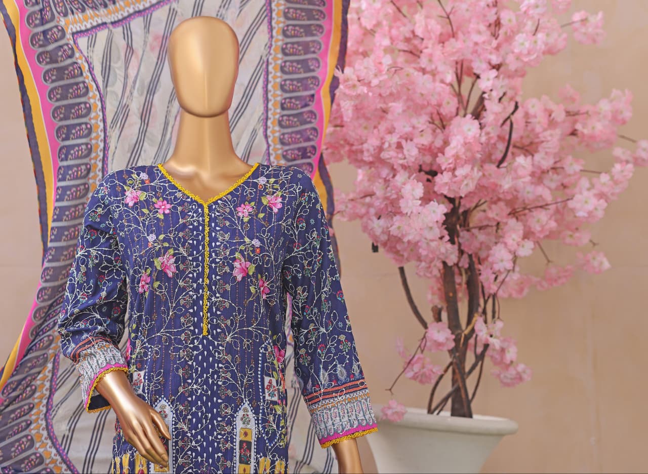 Khass By MTF Digital Printed Jhaal Embroidered Dhagakari Doria Lawn - Navy Blue