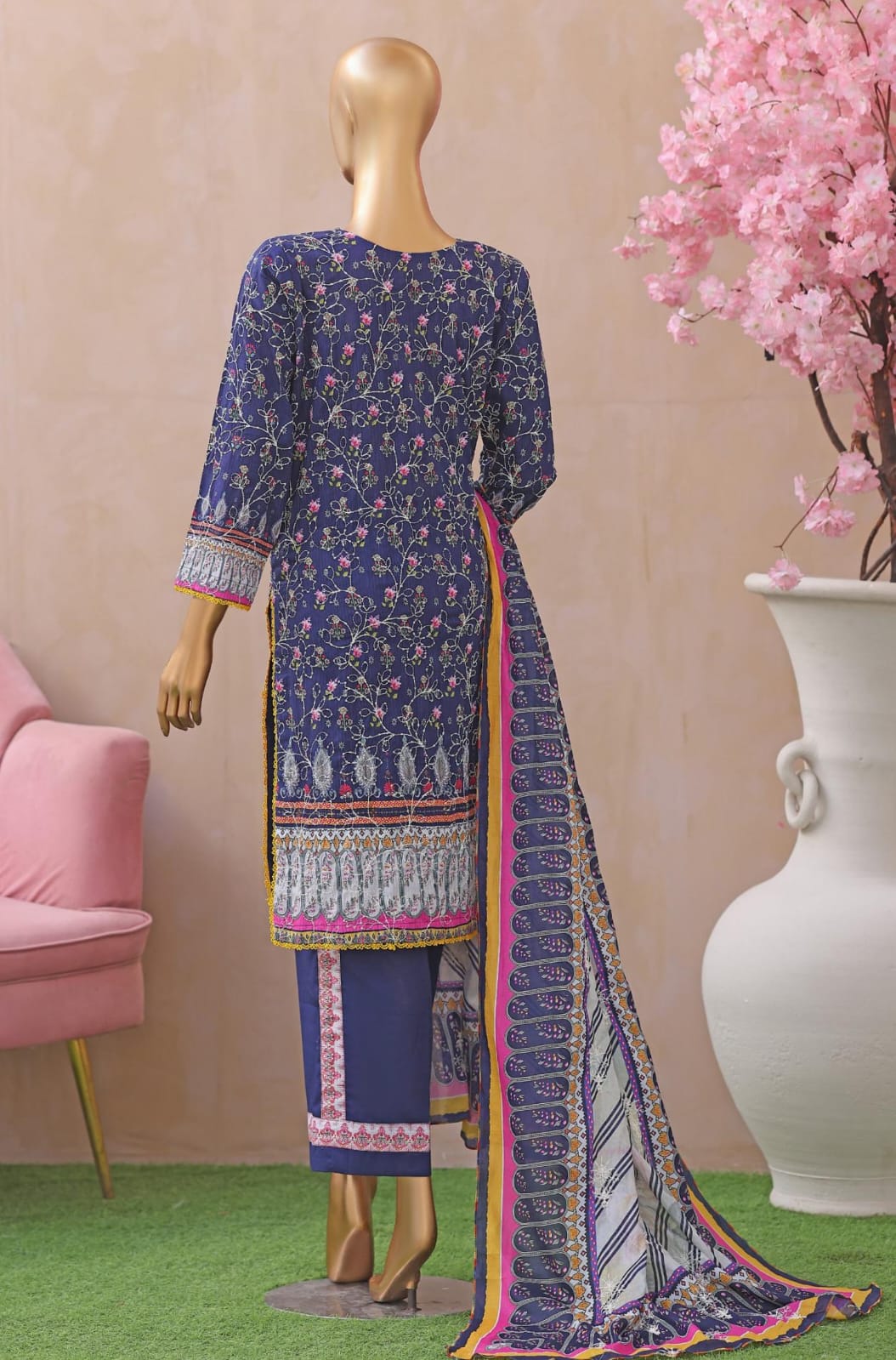 Khass By MTF Digital Printed Jhaal Embroidered Dhagakari Doria Lawn - Navy Blue