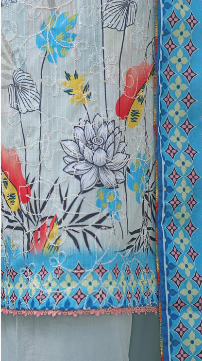 Khass By MTF Digital Printed Jhaal Embroidered Dhagakari Doria Lawn - Sky Blue