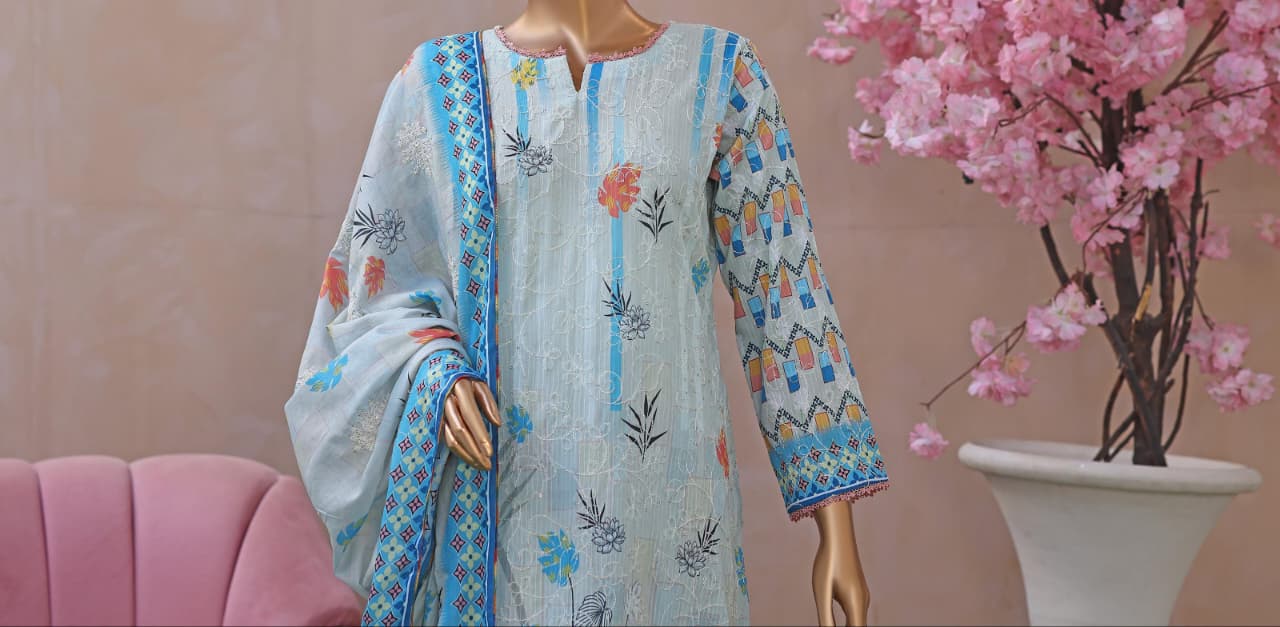 Khass By MTF Digital Printed Jhaal Embroidered Dhagakari Doria Lawn - Sky Blue
