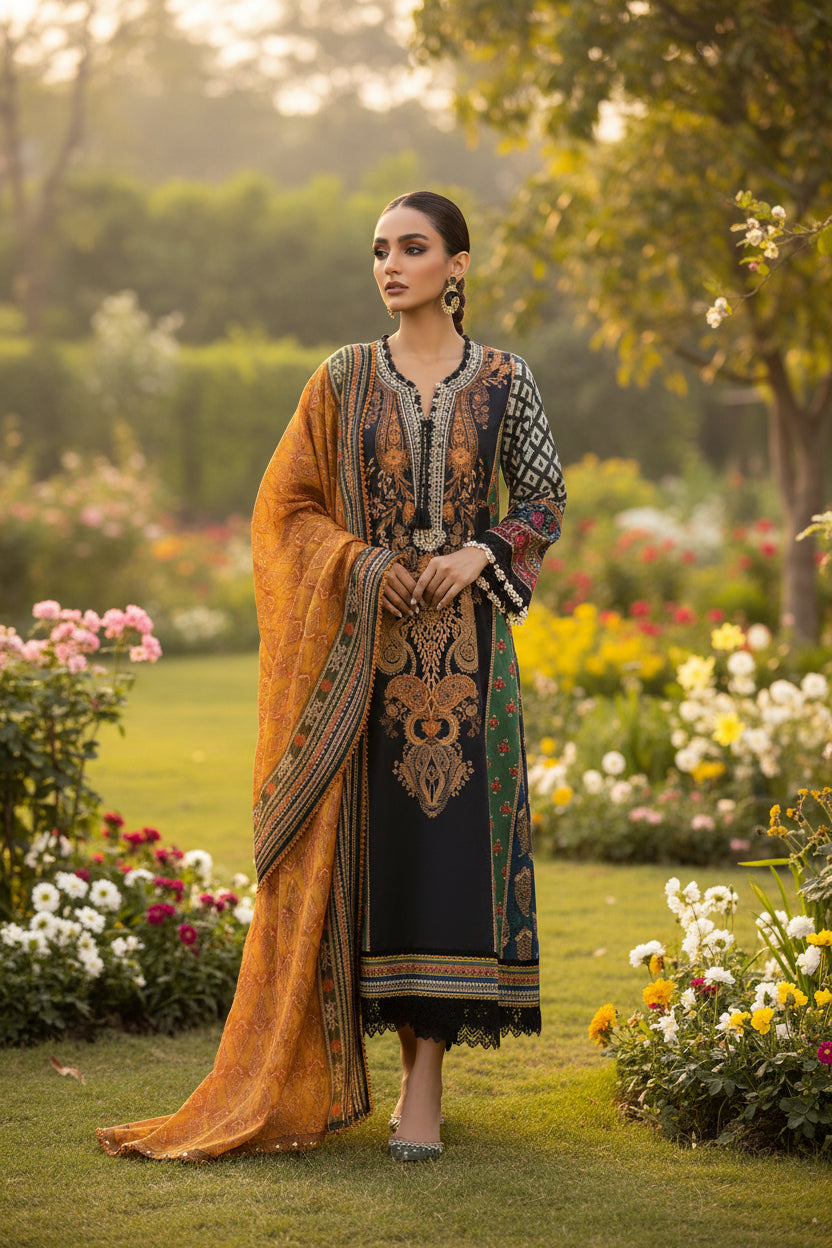 Sana Safinaz fashion magazine cover with a model wearing an embroidered outfit.