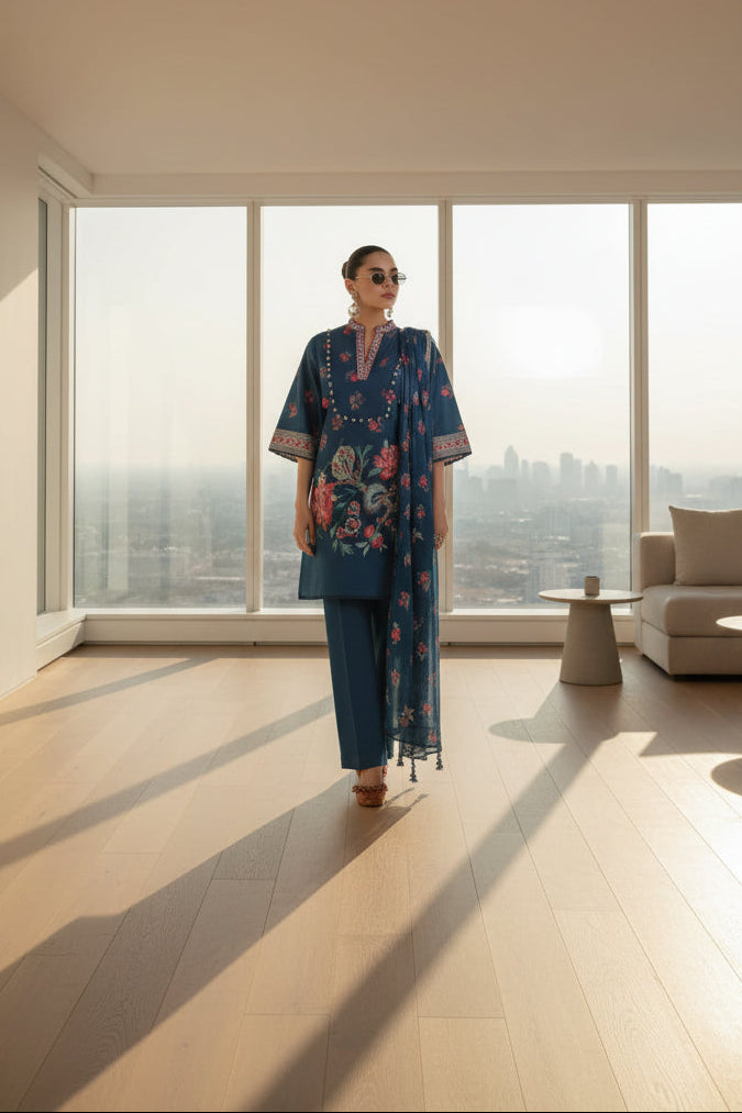 Person wearing a blue floral outfit standing in a modern room with large windows.