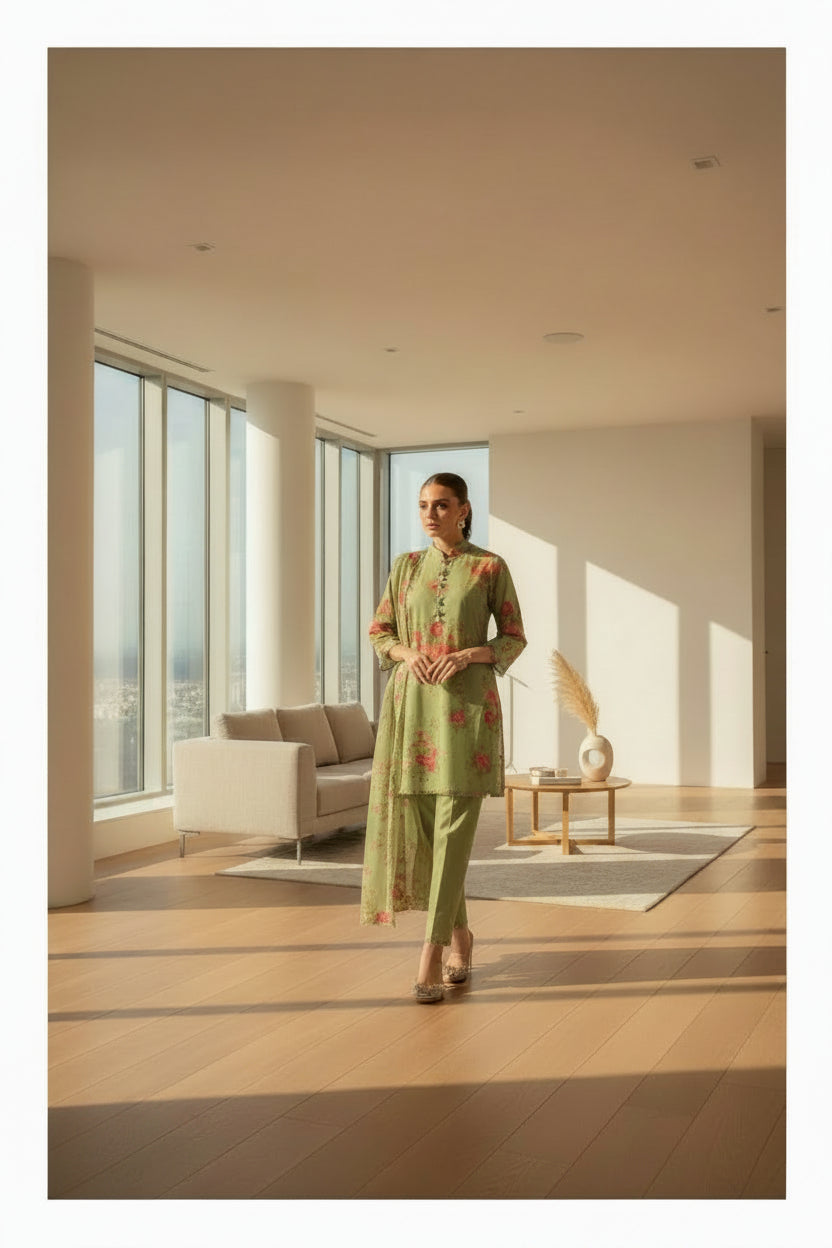 Sana Safinaz clothing advertisement with a model in a floral outfit against a garden background.