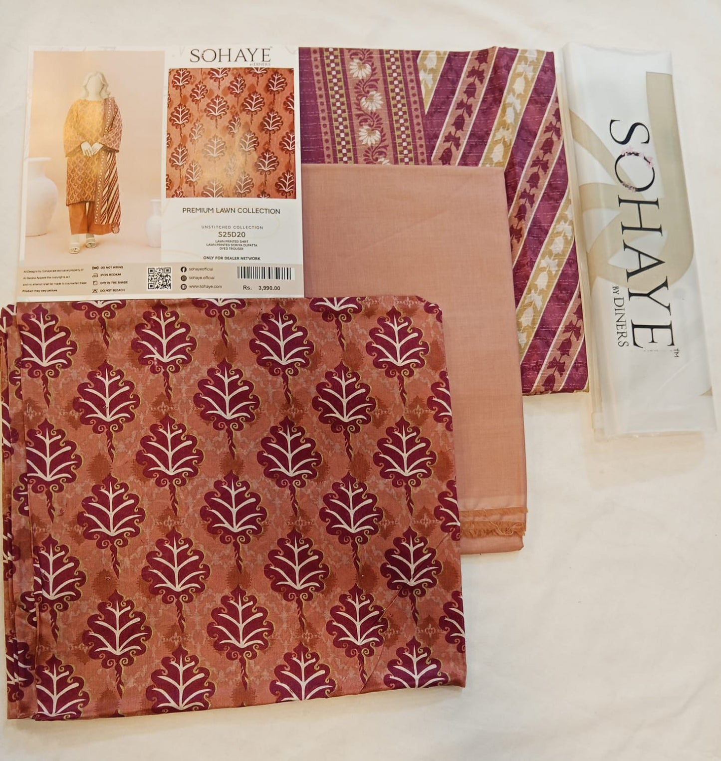 Deep Peach | Sohaye By Diners  3pc Unstitched Lawn Suit