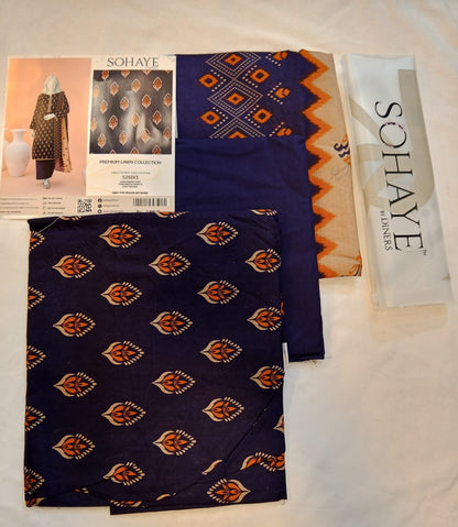 Navy fabric with orange patterns and Sohaye branding on a white background