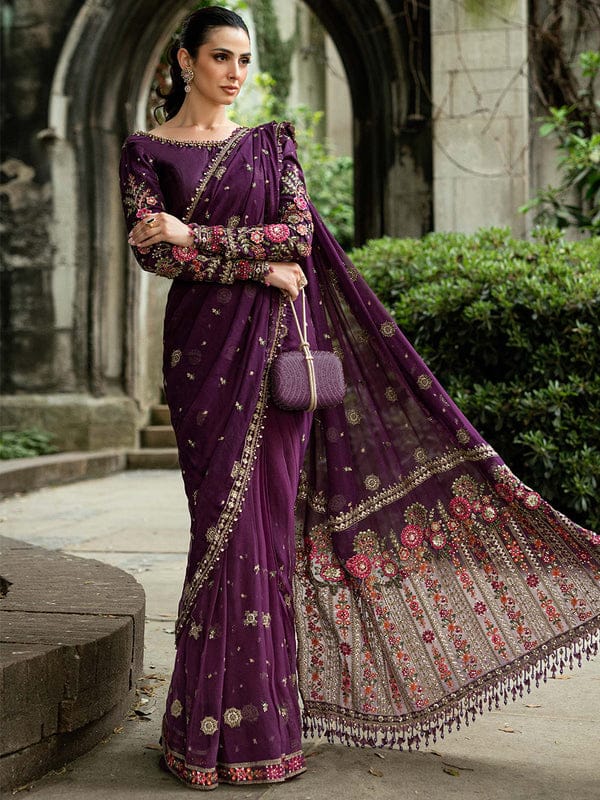 Maria B Chiffon Luxury Embroidered Saree - Purple | Replica