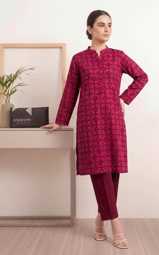 Red - Alkaram 1pc Unstitched Lawn Shirt