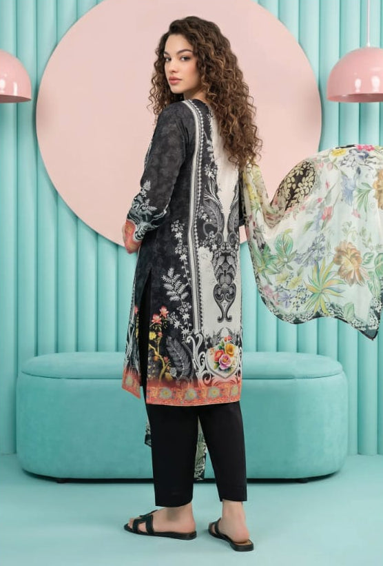 Salina Mid Summer Cotton Suit 3pc Unstitched - Black model showcasing intricate digital prints and floral dupatta.