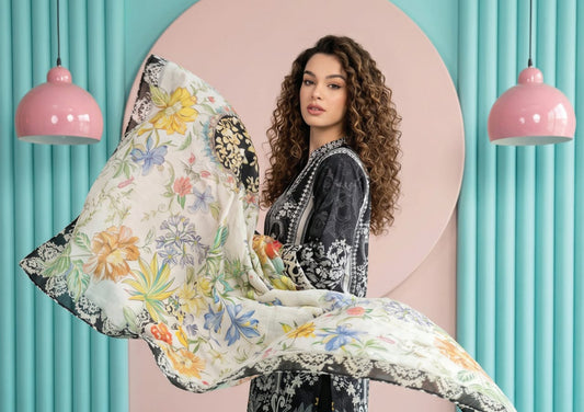Model showcasing the Salina Mid Summer Cotton Suit 3pc Unstitched in black with a floral dupatta.