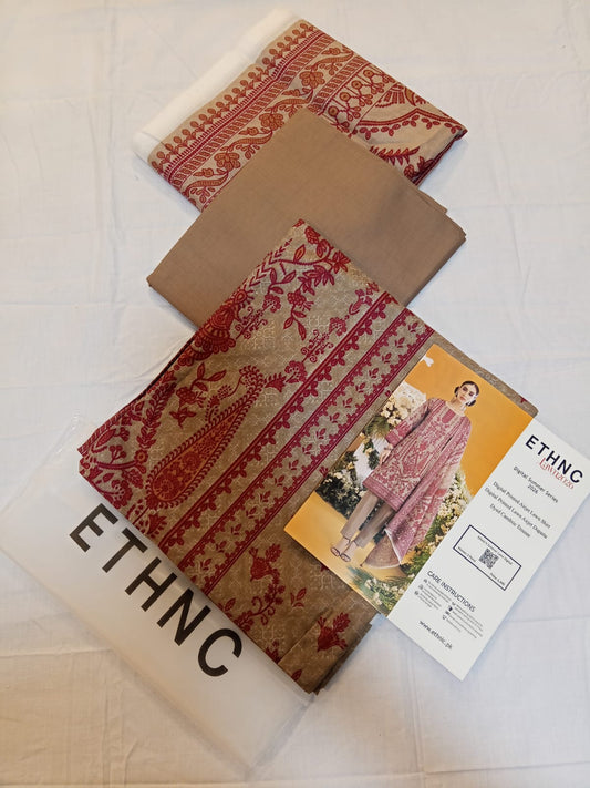 ETHNC Lawn 3pc Unstitched – Muted Taupe fabrics with digital prints and cambric trousers showcased on a white surface
