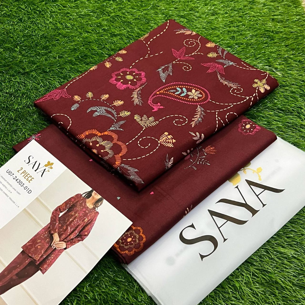 Maroon| Saya 2PC Unstitched Lawn Suit