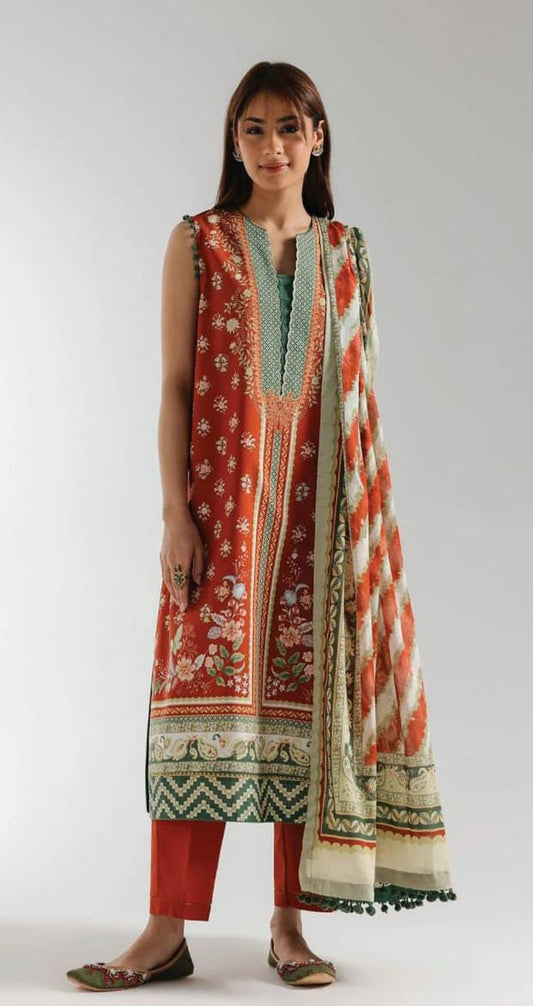 Maroon |Ethnc 3pc Unstitched Doriya Lawn Suit