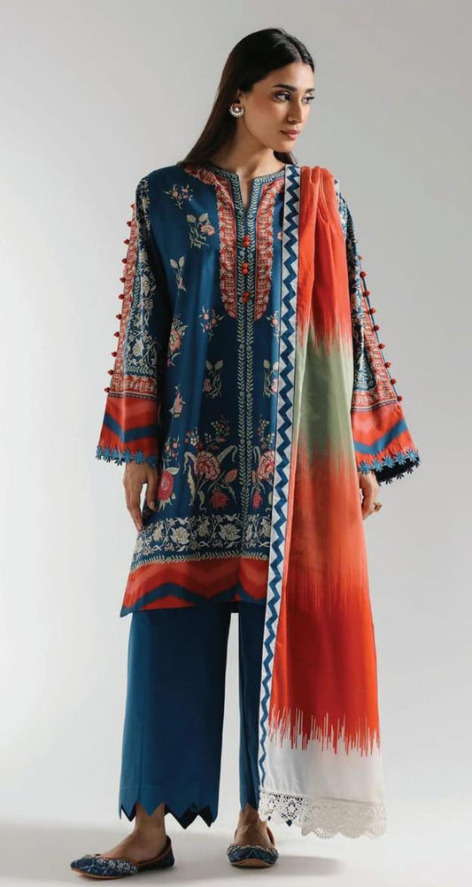Dark Blue |Ethnc 3pc Unstitched Doriya Lawn Suit