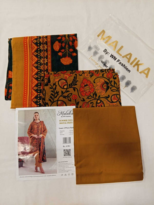 Malaika 3pc Unstitched Lawn Collection - Mustard