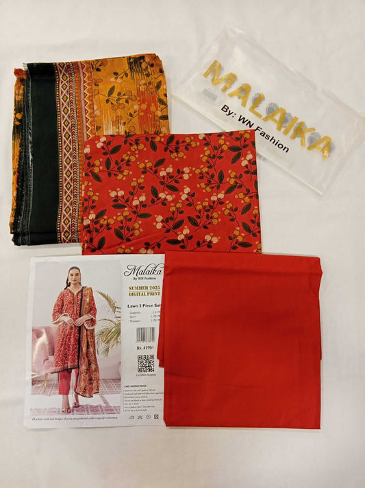 Malaika 3pc Unstitched Lawn Collection - Red