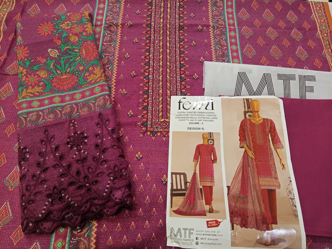 Mtf By Femi 3pc Unstitched Printed Embroidered Lawn - Deep Magenta