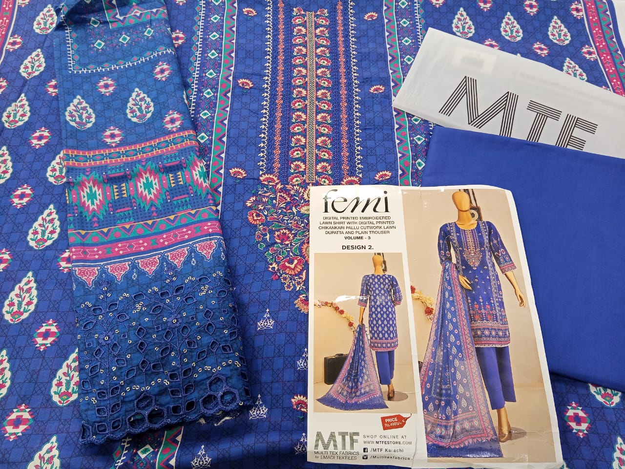 Mtf By Femi 3pc Unstitched Printed Embroidered Lawn - Dark Blue