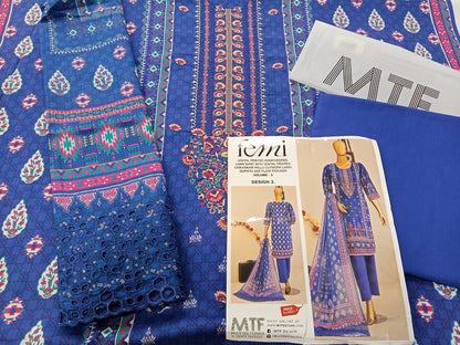 Mtf By Femi 3pc Unstitched Printed Embroidered Lawn - Dark Blue