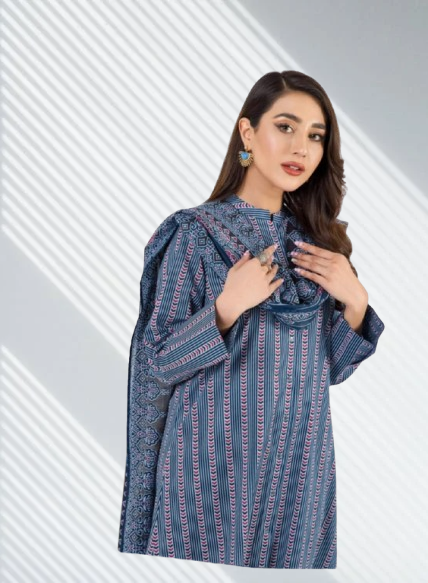A model wearing the Nishat 3pc Unstitched Doriya Lawn Blue suit