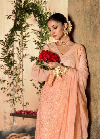 Kaari Noir Luxury Chikankari 3 Piece | Peach