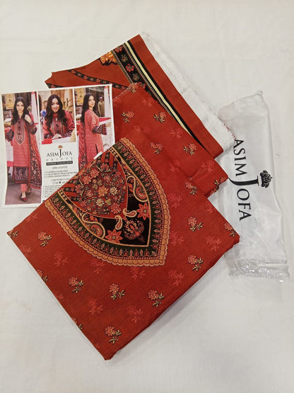 Asim Jofa 3pc Unstitched Khaddar Suit | Maroon